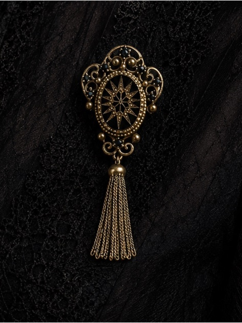 Vintage Victorian Revival Brooch Black Gold Glass Filigree Rhinestone Tassel Pin